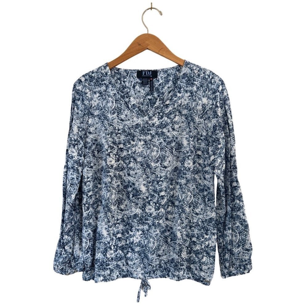 FDJ French Dressing Jeans Womens Size 6 Blue Pullover Drawstring Top Viscose L/S